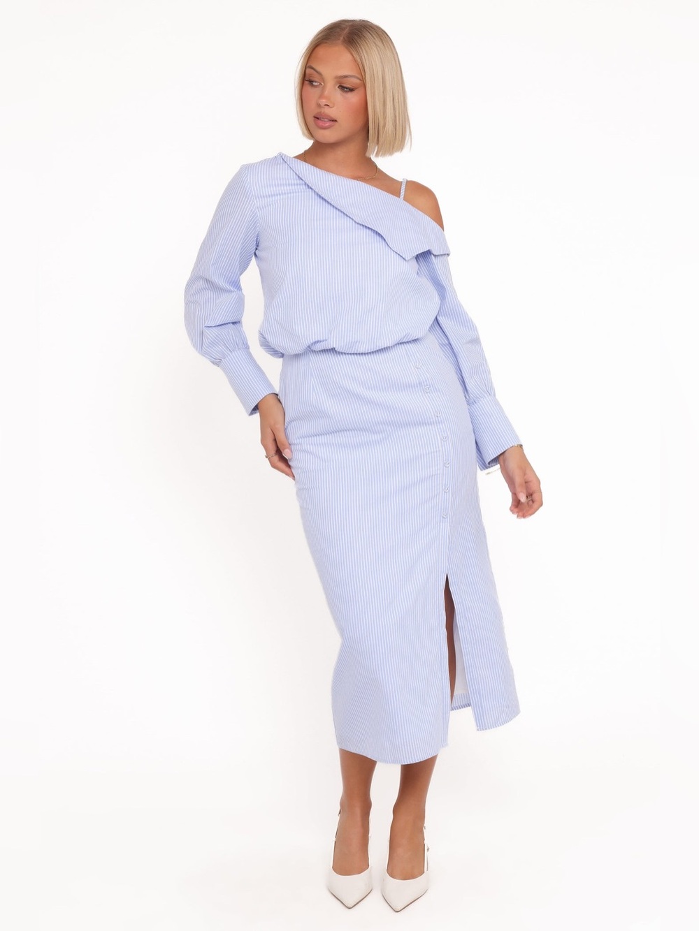 Petal & Pup Broderick Striped Midi Dress Size Medium Blue White 100% Cotton